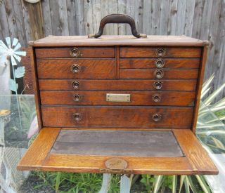 Antique Machinist 8 Drawer Wood Tool Box Chest Case Cabinet.  Made By Union?
