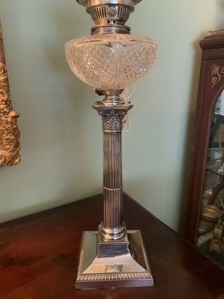 Antique English Silver Plate & Cut Glass Banquet Oil Lamp Corinthian Column 2
