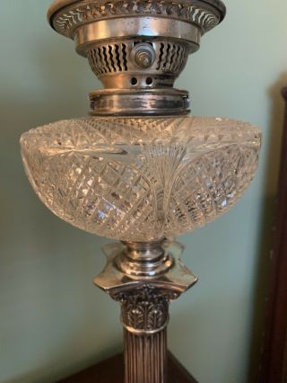 Antique English Silver Plate & Cut Glass Banquet Oil Lamp Corinthian Column 3