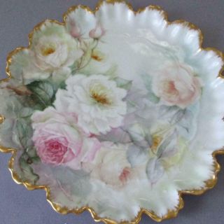 Antique Limoges Porcelain Hp 9 " Cabinet Plate Gorgeous Roses Scalloped Gilt Trim