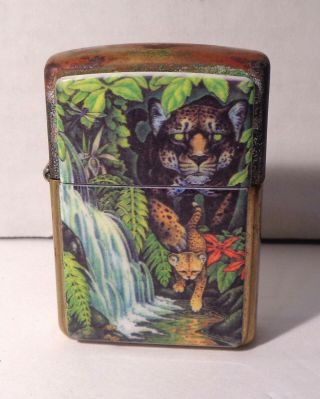 1995 Zippo Mystery Of The Jungle Forest Jaguar And Cub At Turtle Fall Lighter