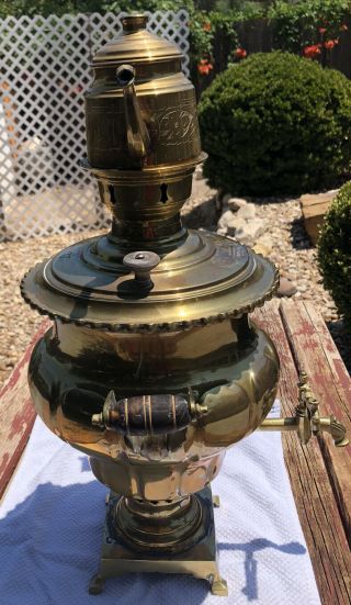 Antique Russian Samovar With Teapot And Stamps And Wooden Handles 3