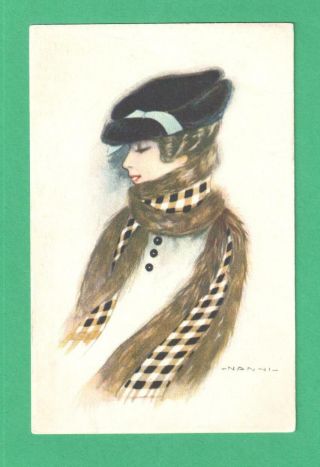 Vintage Nanni Art Postcard Pretty Fashionable Lady Fur Wrap Checked Scarf Hat