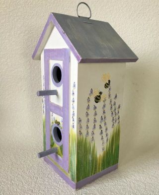 Vintage Wooden Birdhouse Hand Painted Flowers Bumble Bees Spring Decor 12 " Tall