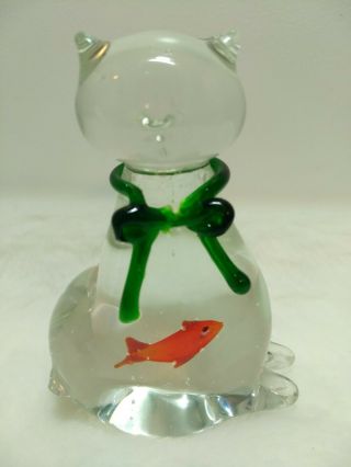 Viking Murano Art Glass 6 " Cat With Gold Fish In Tummy Vintage Paperweight