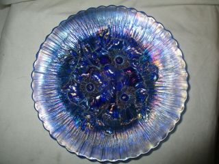 Northwood Poppy Show Antique Carnival Art Glass Plate Electric Blue Very Rare