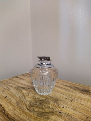 Vintage Crystal Cut Glass And Chrome Table Top Cigarette Lighter 4 1/2 Inch Tall