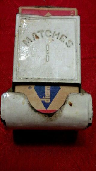 Vintage Wall Mount Match Safe Holder Tin Metal Cream Painted Made Usa 6 " H X 3 " W