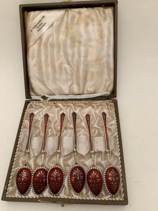 Antique Set Of 6 Silver & Enamel Coffee Demitasse Spoons By David Andersen Inbox
