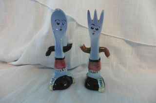 Vintage Anthropomorphic Fork And Spoon Salt And Pepper Shakers - Rare Blue Japan