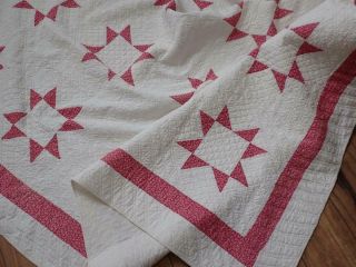 Finely Quilted Antique 1880 Double Pink Eight Point Star Quilt 77x74