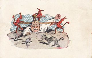 Old Vintage Postcard Three Red Devils Saw Man 