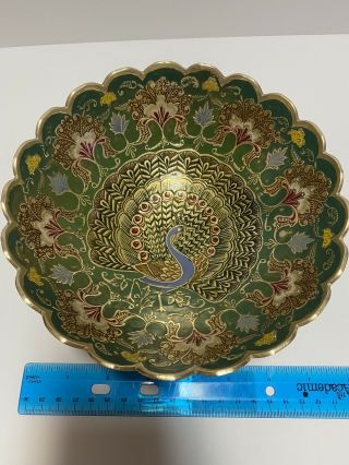 Vintage Brass And Enamel Colorful Peacock Bowl - Made In India