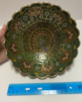 Vintage Brass And Enamel Colorful Peacock Bowl - Made In India 2