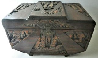 Early 20th Century Asian Camphor Wood Trunk with Carved Oriental Sailing Boats 3