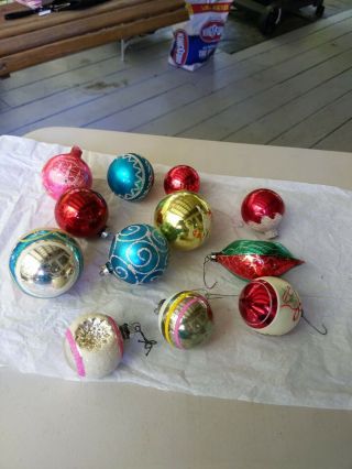 12 Vintage Shiny Brite Christmas Glass Ball Ornaments Striped Glitter Stenciled