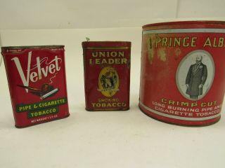3 Vintage Antique Tobacco Tins/cans Union Leader W.  Eagle,  Velvet & Prince Albert