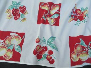 Vtg Tablecloth Fruit Cherry Strawberry Peach Pear On Red Jadeite Leaves 49x48