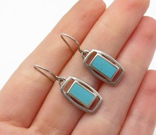 925 Sterling Silver - Vintage Turquoise Inlay Square Dangle Earrings - E8377