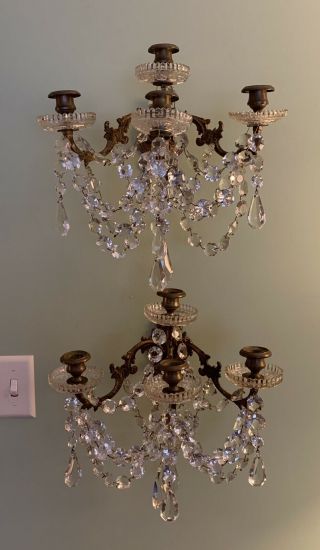 Pair Antique Bronze & Crystal Prism Wall Sconces Drippy French 4 Candle
