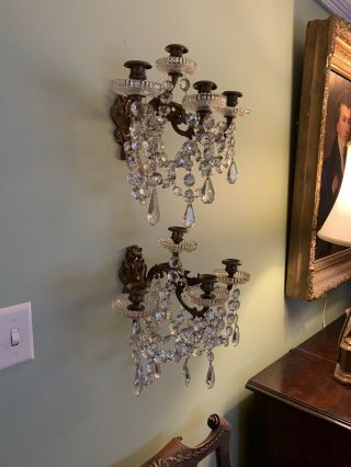 Pair Antique Bronze & Crystal Prism Wall Sconces Drippy French 4 Candle 2