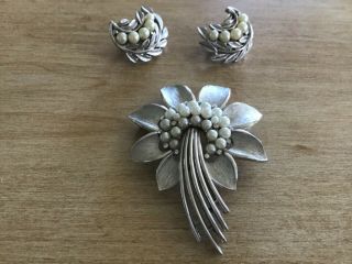 Vintage Trifari Silver Tone Faux Pearl Brooch Pin And Earrings