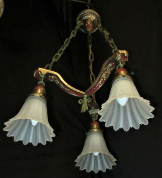Antique Victorian Cast Brass Chandelier Ceiling Light Fixture Glass Shades 20 