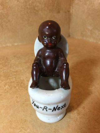 Vintage Black Americana Figurine Child On Toilet " You - R - Next " Match Stick Holder
