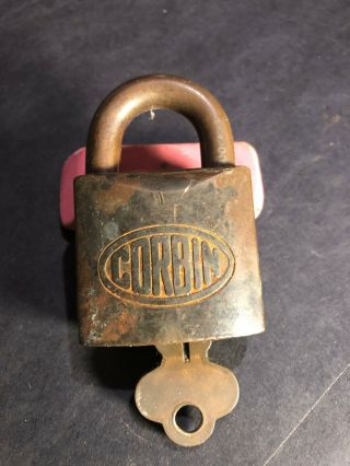 Vintage Brass Corbin Padlock,  With Key,  Corbin Cabinet Lock Co.  Conn Usa