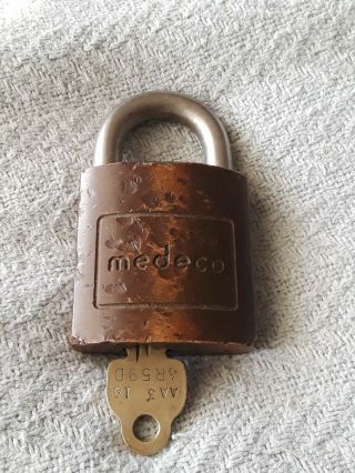 Vintage Medeco High Security Padlock Brass Body With Matching Key.