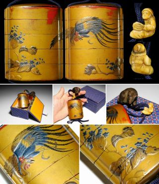 Makie Lacquer Phoenix Inro W Signed Netsuke Japanese Edo Antique