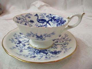 Vintage England Coalport Footed Cup & Saucer Cairo Blue On White (not Raised)