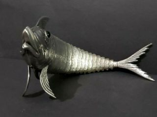 Stunning Rare Spanish Solid Silver Articulated Fish Green Glass Eyes