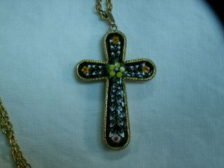 .  Vintage Gold Tone,  Mosaic Glass Cross Pendant Necklace.