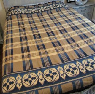 Vintage Western Camp Blanket Blue Tan Plaid Design Geometric Reverse