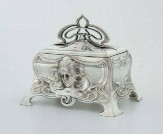 Art Nouveau Jugendstil Wmf Silverplate Pewter Maiden Jewelry Box Casket