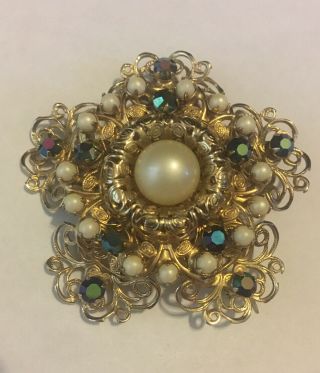 Vintage Star Pin Brooch/pendant Cannetille Gold Tone Pearl Gems Rhinestones