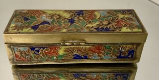 Vintage Chinese Brass And Enamel Stamp Box 4 3/8” Long / Sunflowers/ Asis