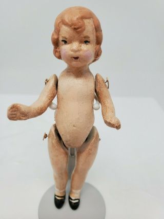 Antique Flapper Girl All Bisque Doll 4 1/2 " Miniature Dollhouse Wire Jointed