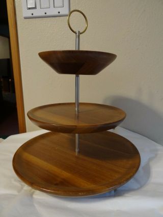 Vintage Wooden 3 Tier Serving Tray Wood Two Flat Tiers & Top Is Bowl Like Retro