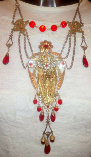 Very Old Art Nouveau Lady With Lyra Necklace,  Red Glass Beads,  Czechoslovakia