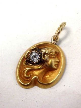 Antique Art Nouveau 18k Gold Diamond Lady Profile Upon Lilly Pad Charm Pendant