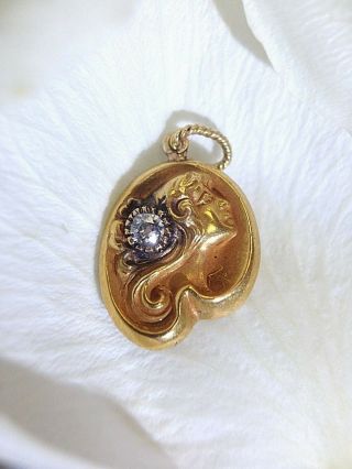 Antique Art Nouveau 18K Gold Diamond Lady Profile Upon Lilly Pad Charm Pendant 2