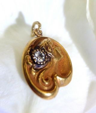 Antique Art Nouveau 18K Gold Diamond Lady Profile Upon Lilly Pad Charm Pendant 3