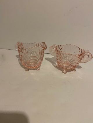 Vintage Pink Depression Glass Sugar And Creamer Ruffle Tops Wave Design Footed