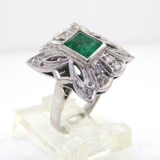 Vtg Antique Green Emerald & Diamond White Gold/palladium Ring Size 4.  5 Lhh2