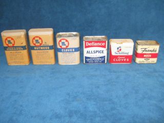 6 - Vtg Spice Tins.  Mccormick Bee Brand,  Schilling,  Defiance,  Frank 