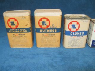 6 - Vtg SPICE TINS.  McCormick Bee Brand,  Schilling,  Defiance,  Frank ' s.  w/ Product 2