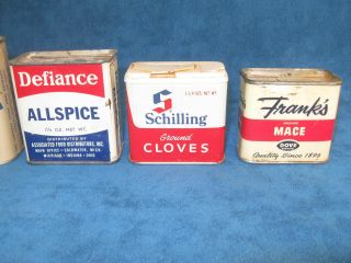 6 - Vtg SPICE TINS.  McCormick Bee Brand,  Schilling,  Defiance,  Frank ' s.  w/ Product 3