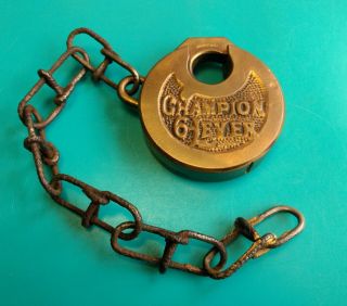 Old Vtg Collectible Champion 6 Lever Pancake Padlock Lock With Chain Made In Usa